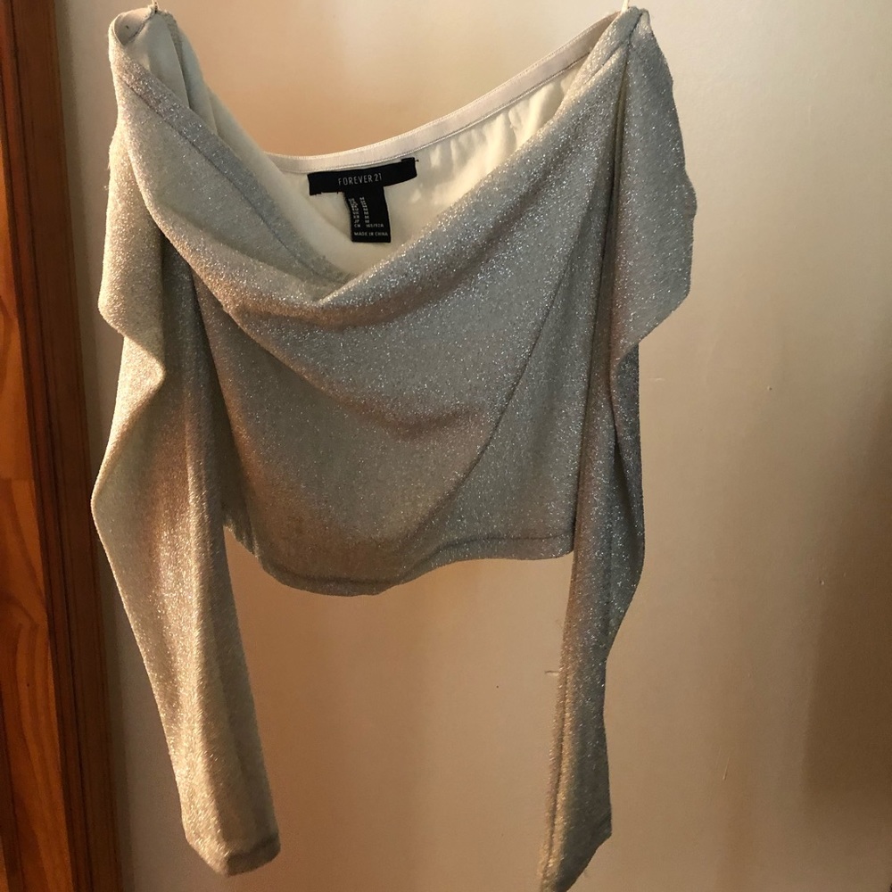 Off the shoulder long sleeve silver/gray sparkle crop top Size Medium